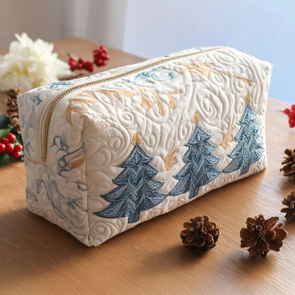 Quilted Winter Forest Makeup Bag, Christmas Pine Tree Cosmetic Bag, Snowy Woodland Travel Toiletry Pouch, Embroidered Zipper Organizer, Holiday Gift for Women – QMBPETAL50
