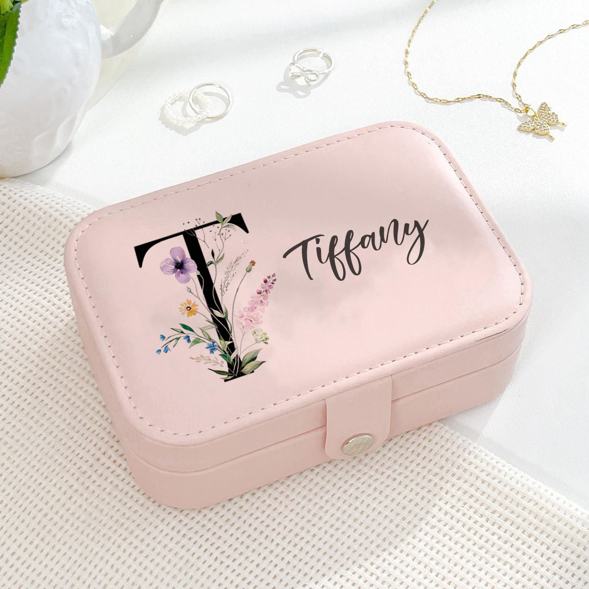 Personalized Jewelry Box with Flower Alphabet Initial, Custom Travel Jewelry Organizer, Monogram Gift for Women, Bridesmaid, Birthday Present