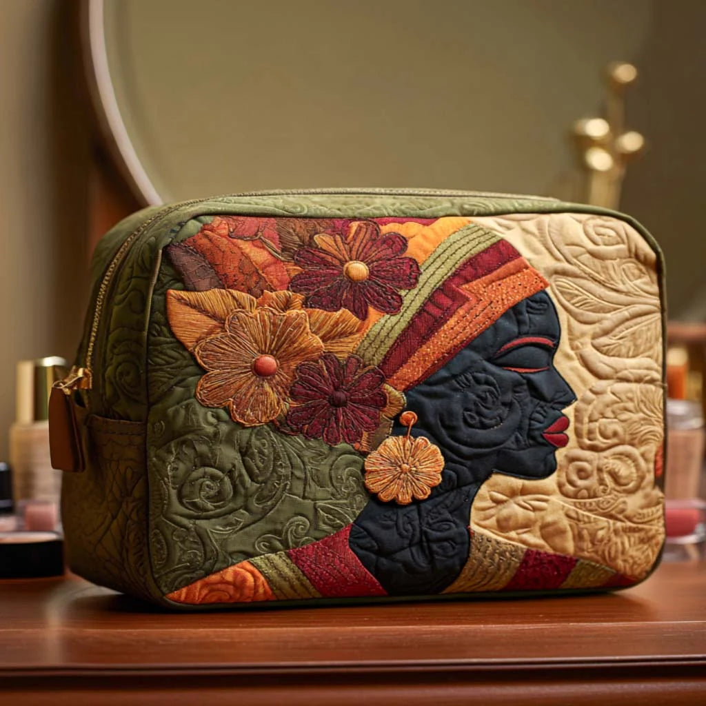 Quilted African Woman Makeup Bag, Cultural Art Cosmetic Bag, Boho Floral Travel Toiletry Pouch, Artistic Zipper Organizer, Unique Gift for Women – QMBPETAL51
