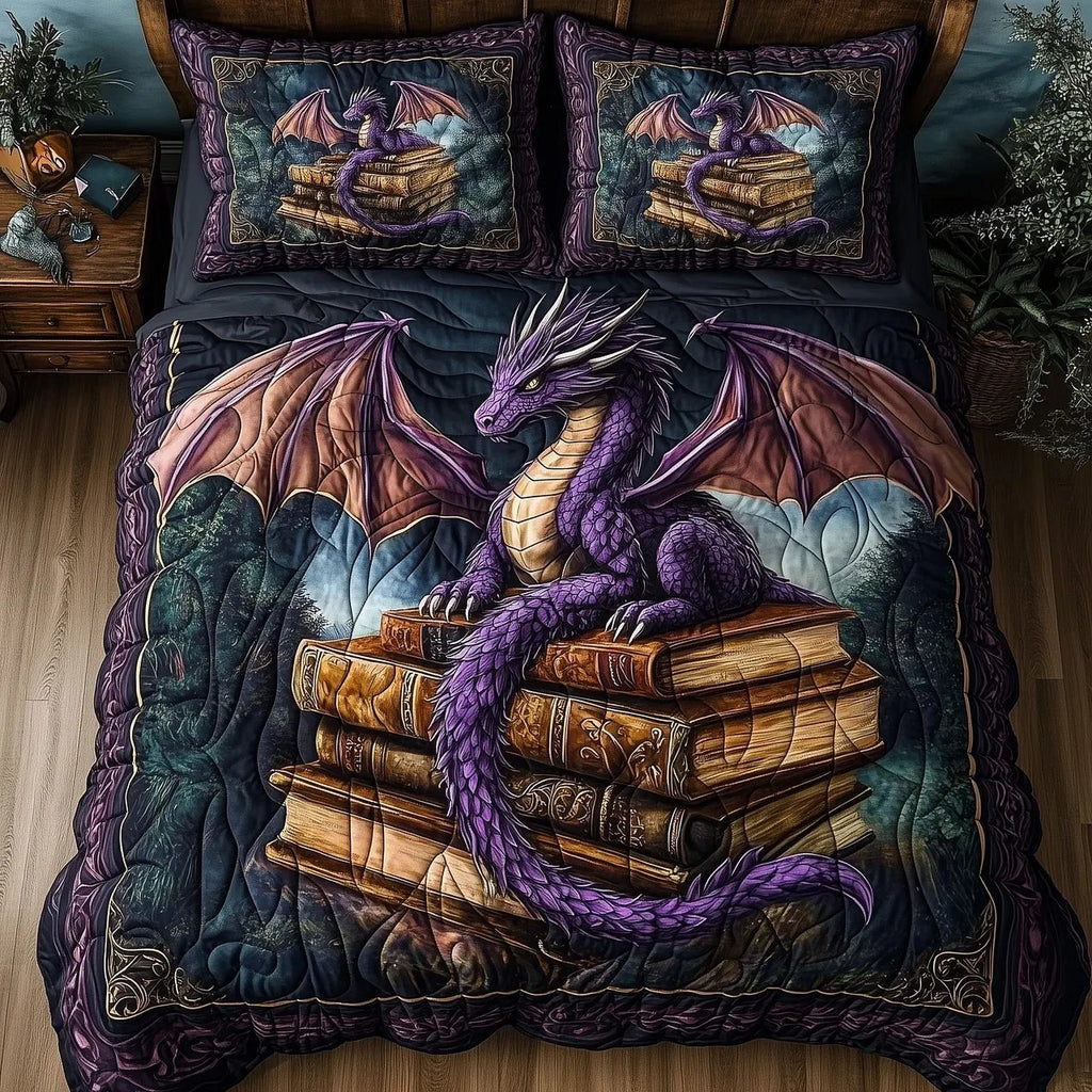 Fantasy Dragon And Book Quilted Bedding Set, Dragon Blanket with Pillowcases, Festive Winter Bedroom Decor, Bedding Decor PTBED82