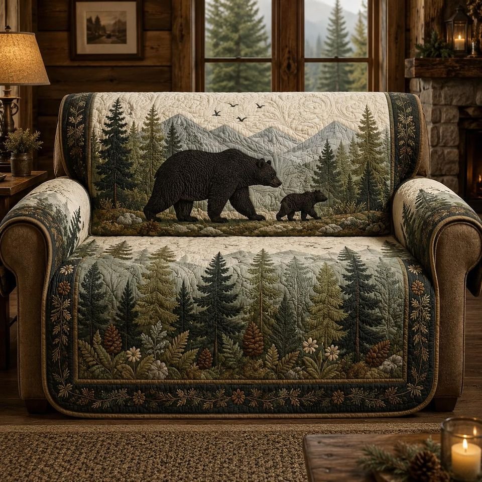 Personalized Bear Family Quilted Sofa Cover, Bear In Forest Sofa Cover, Patchwork Couch Throw, Sofa Protector, Holiday Sofa Decor QUILTSOFA43
