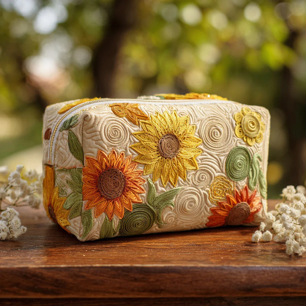 Quilted Sunflower Makeup Bag, Embroidered Floral Cosmetic Bag, Rustic Sunflower Travel Toiletry Pouch, Cottagecore Zipper Organizer, Gift for Women – QMBPETAL52