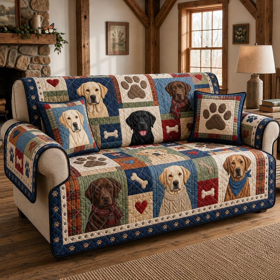 Personalized Labrador Patchwork Quilted Sofa Cover, Cute Dog Pattern Sofa Cover, Patchwork Couch Throw, Sofa Protector, Holiday Sofa Decor QUILTSOFA44