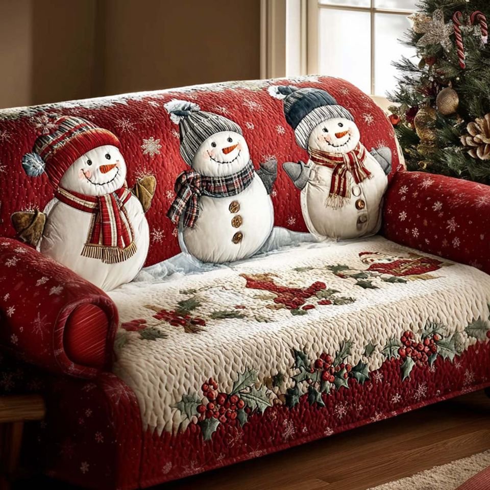 Personalized Snowman Christmas Quilted Sofa Cover, Christmas Pattern Sofa Cover, Patchwork Couch Throw, Sofa Protector, Holiday Sofa Decor QUILTSOFA45