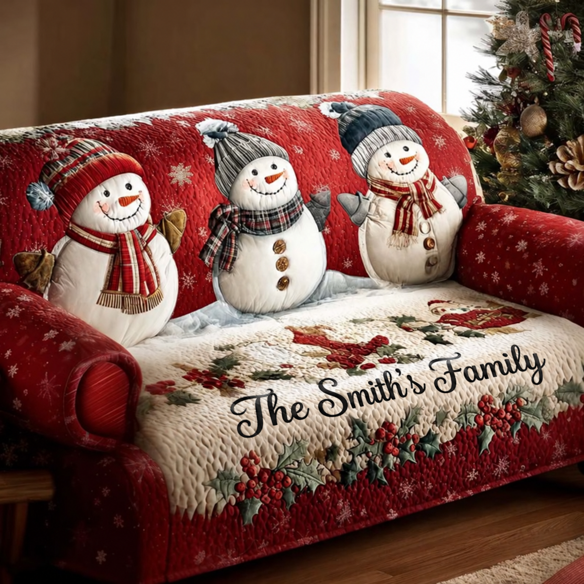 Personalized Snowman Christmas Quilted Sofa Cover, Christmas Pattern Sofa Cover, Patchwork Couch Throw, Sofa Protector, Holiday Sofa Decor QUILTSOFA45