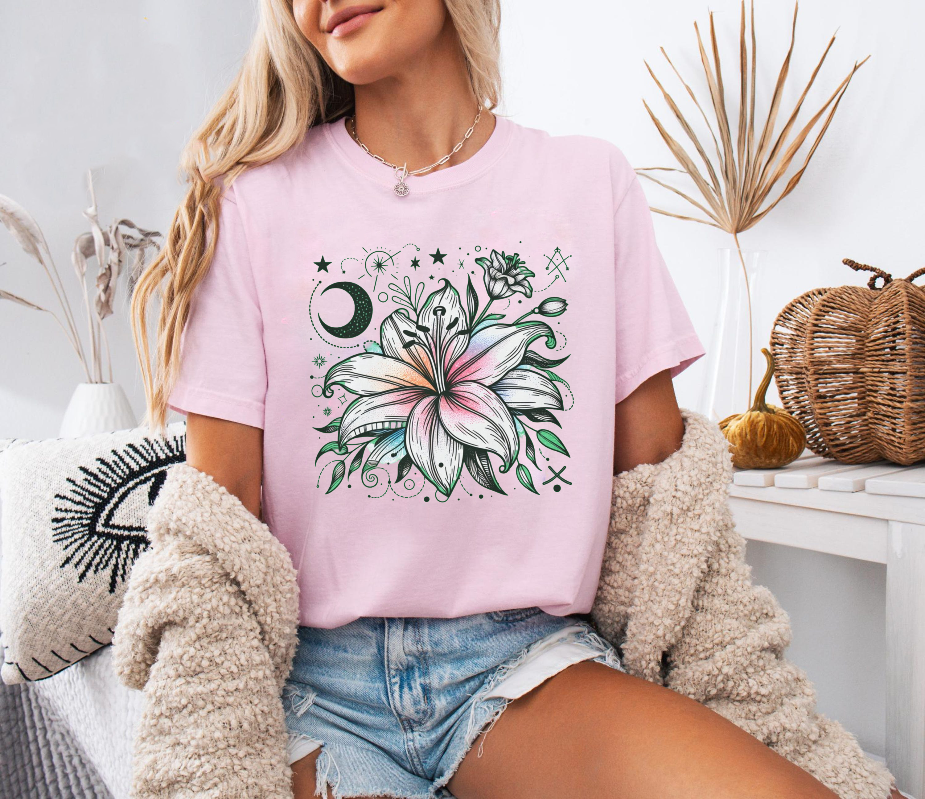 Mystical Lily Flower Shirt, Moon And Stars Boho Graphic Tee, Magical Bloom T-Shirt, Celestial Botanical Aesthetic Top