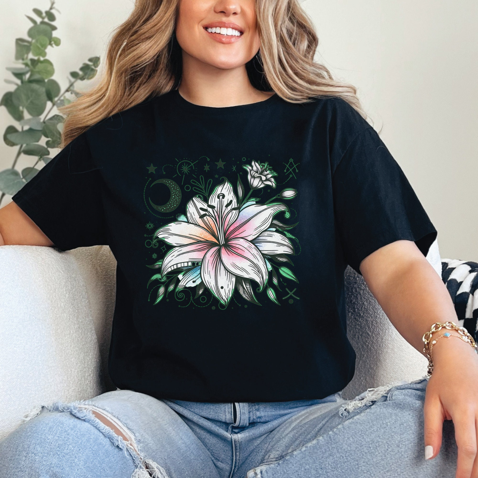 Mystical Lily Flower Shirt, Moon And Stars Boho Graphic Tee, Magical Bloom T-Shirt, Celestial Botanical Aesthetic Top
