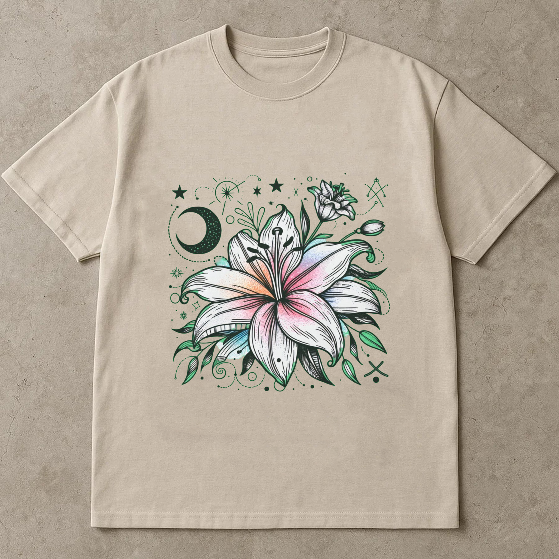 Mystical Lily Flower Shirt, Moon And Stars Boho Graphic Tee, Magical Bloom T-Shirt, Celestial Botanical Aesthetic Top