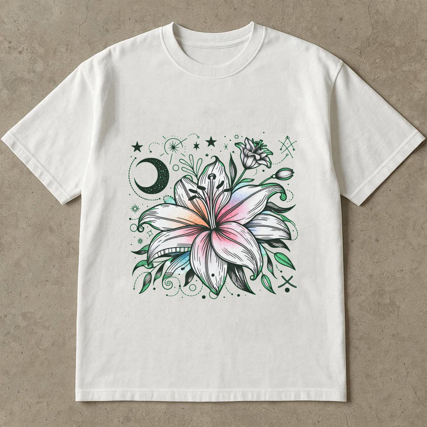 Mystical Lily Flower Shirt, Moon And Stars Boho Graphic Tee, Magical Bloom T-Shirt, Celestial Botanical Aesthetic Top