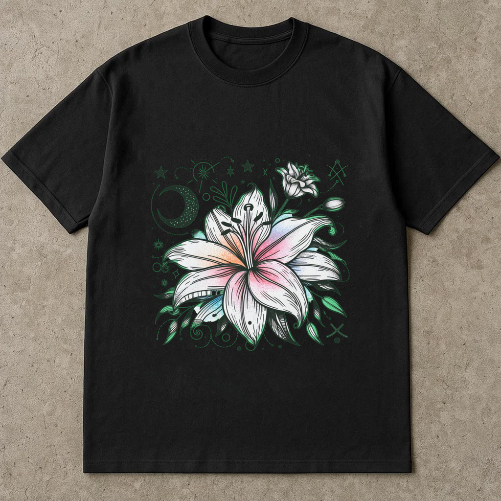 Mystical Lily Flower Shirt, Moon And Stars Boho Graphic Tee, Magical Bloom T-Shirt, Celestial Botanical Aesthetic Top