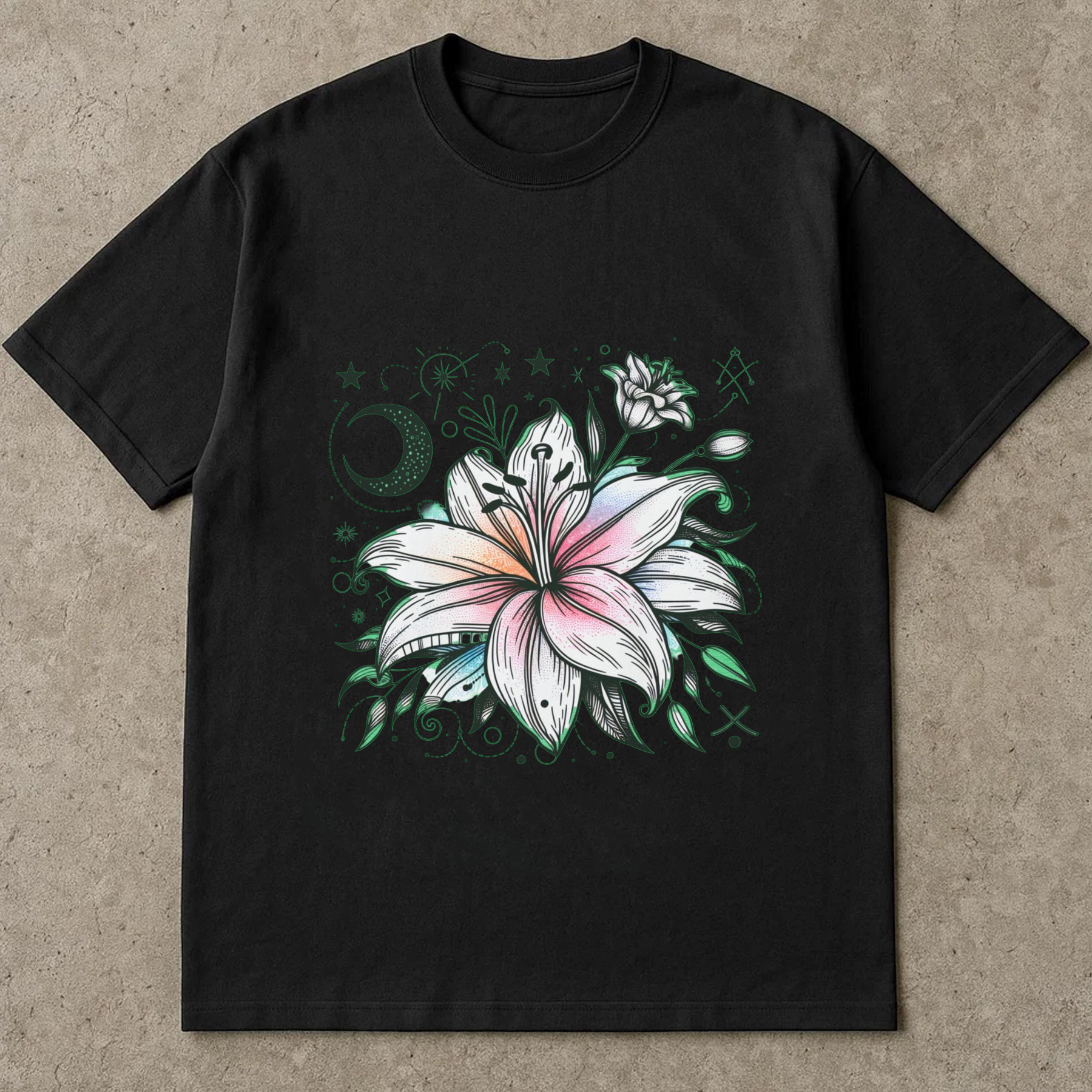 Mystical Lily Flower Shirt, Moon And Stars Boho Graphic Tee, Magical Bloom T-Shirt, Celestial Botanical Aesthetic Top