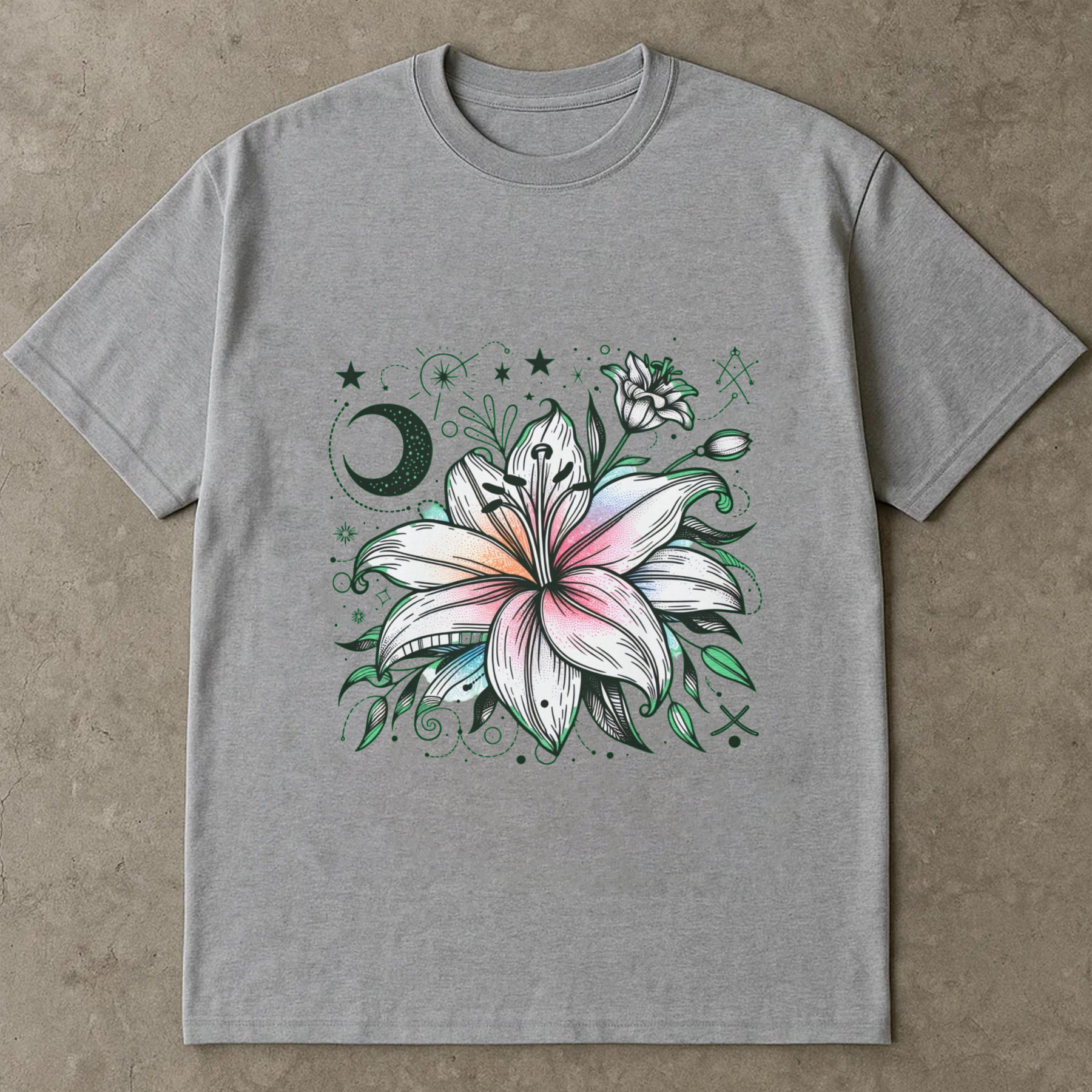 Mystical Lily Flower Shirt, Moon And Stars Boho Graphic Tee, Magical Bloom T-Shirt, Celestial Botanical Aesthetic Top