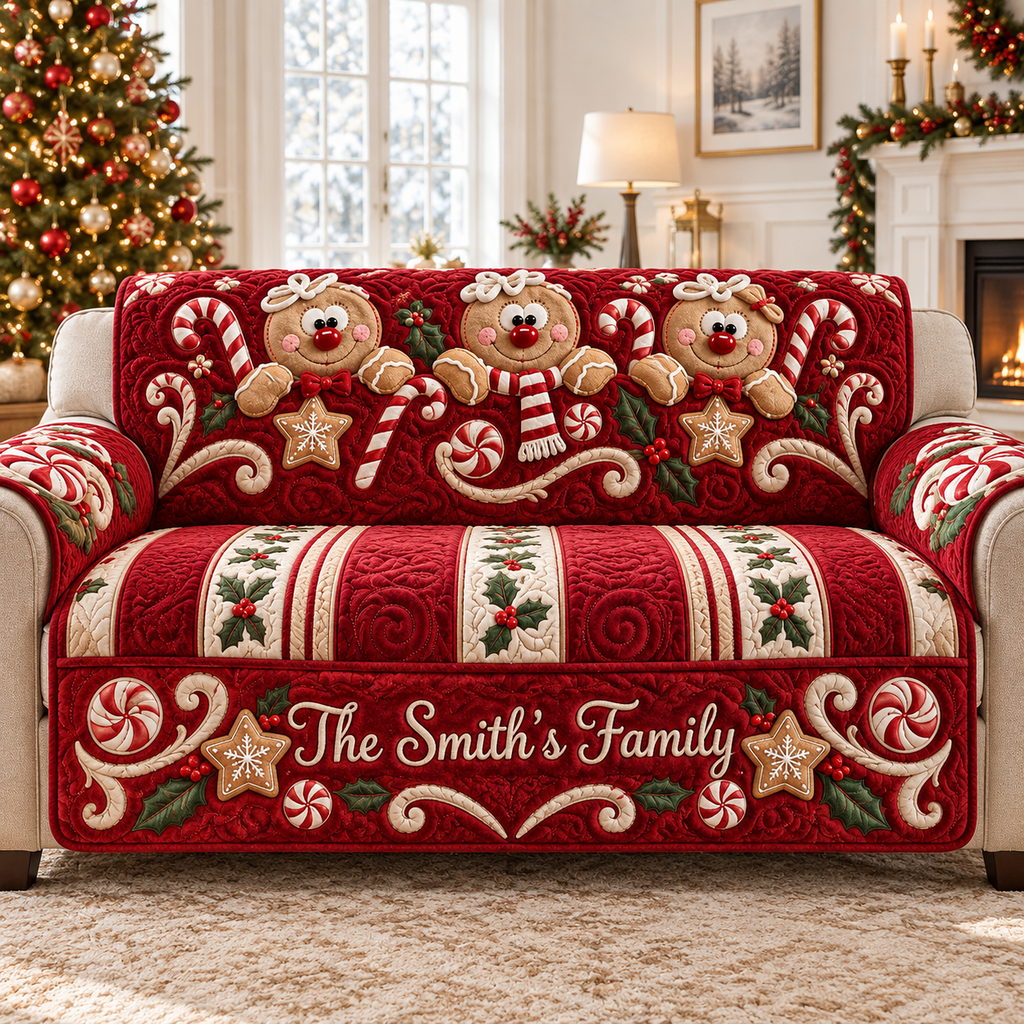 Personalized Gingerbread Christmas Quilted Sofa Cover, Christmas Pattern Sofa Cover, Patchwork Couch Throw, Sofa Protector, Holiday Sofa Decor QUILTSOFA46