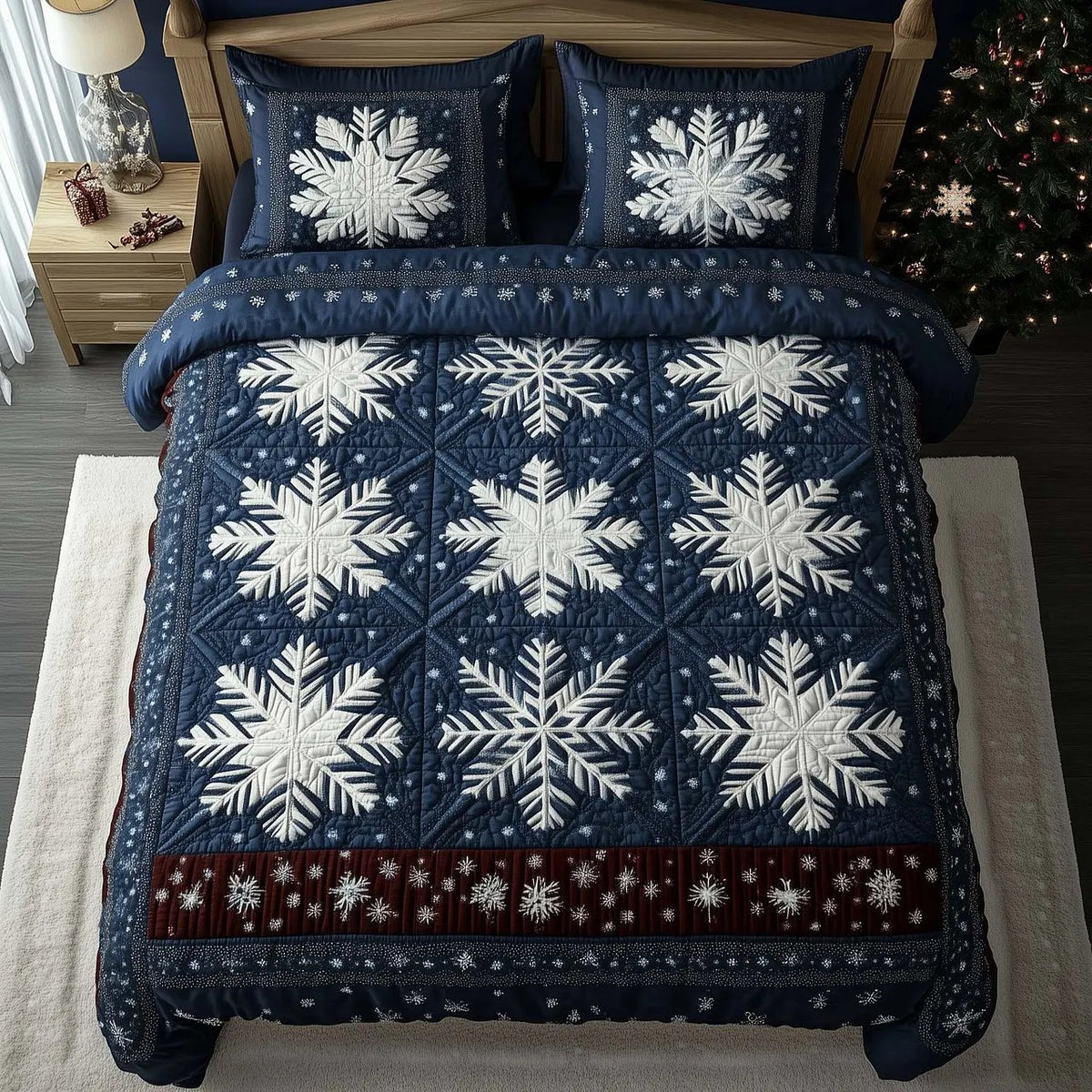 Snowflake Quilted Bedding Set, Snowflake Patchwork Bedspread with Pillowcases, Festive Winter Bedroom Decor, Bedding Decor PTBED45