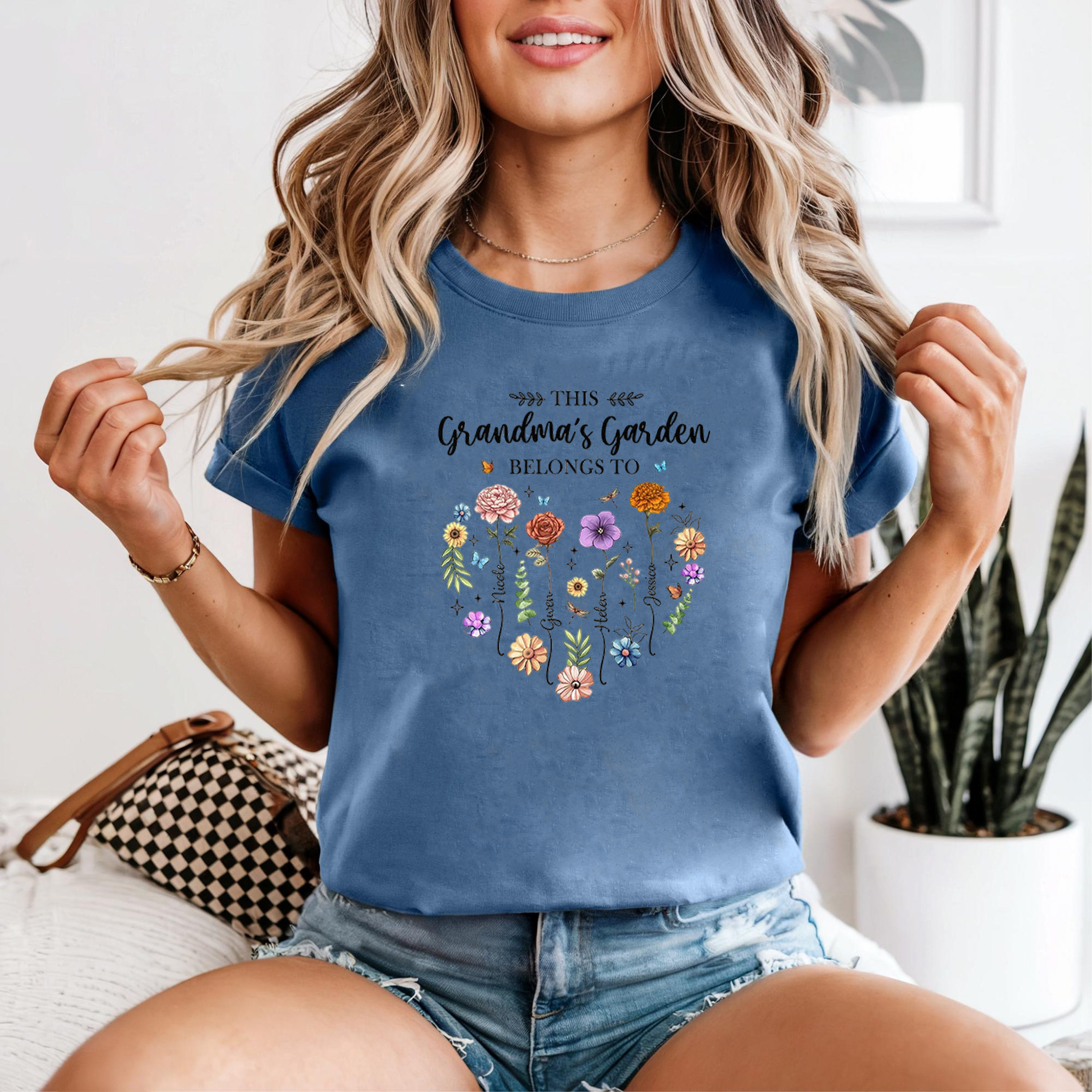 Grandma’s Garden Shirt, Personalized Family Flower Tee, Cute Butterfly Floral Graphic T-Shirt, Gift For Grandma Mother’s Day