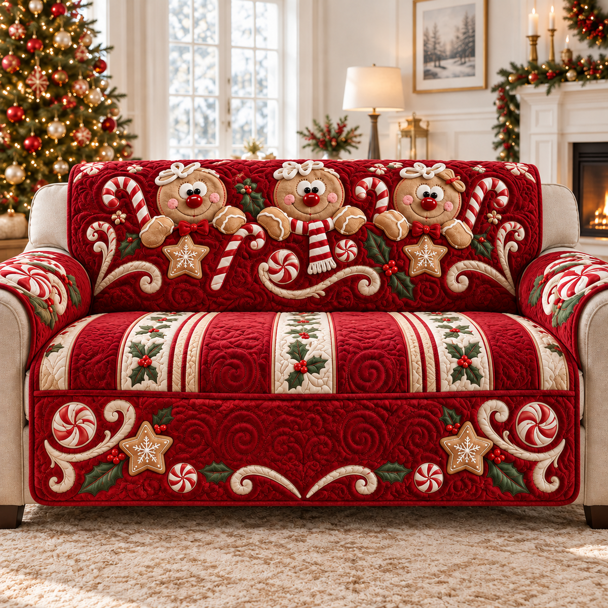 Personalized Gingerbread Christmas Quilted Sofa Cover, Christmas Pattern Sofa Cover, Patchwork Couch Throw, Sofa Protector, Holiday Sofa Decor QUILTSOFA46