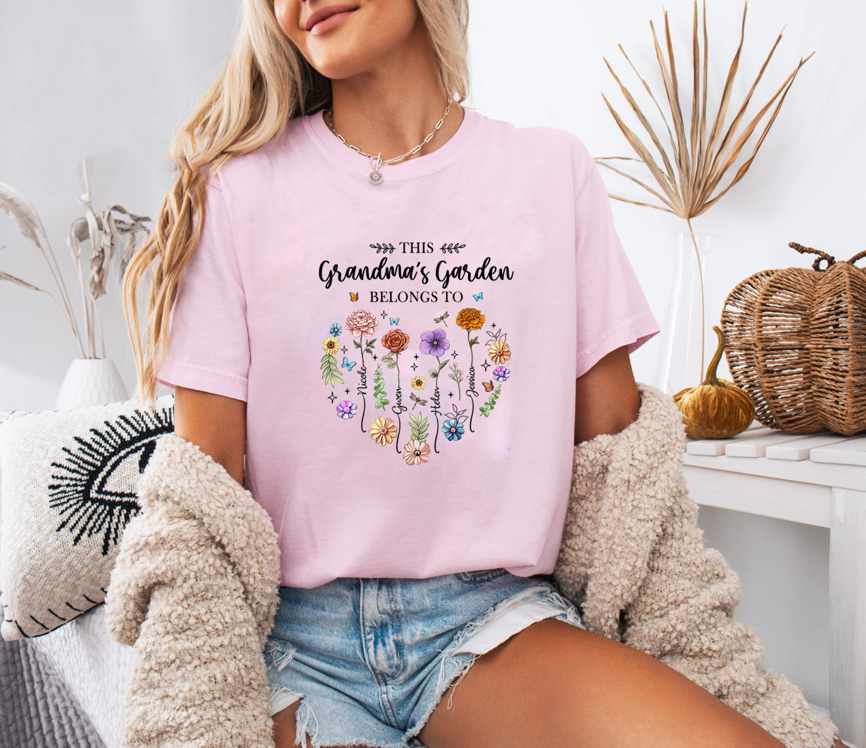 Grandma’s Garden Shirt, Personalized Family Flower Tee, Cute Butterfly Floral Graphic T-Shirt, Gift For Grandma Mother’s Day