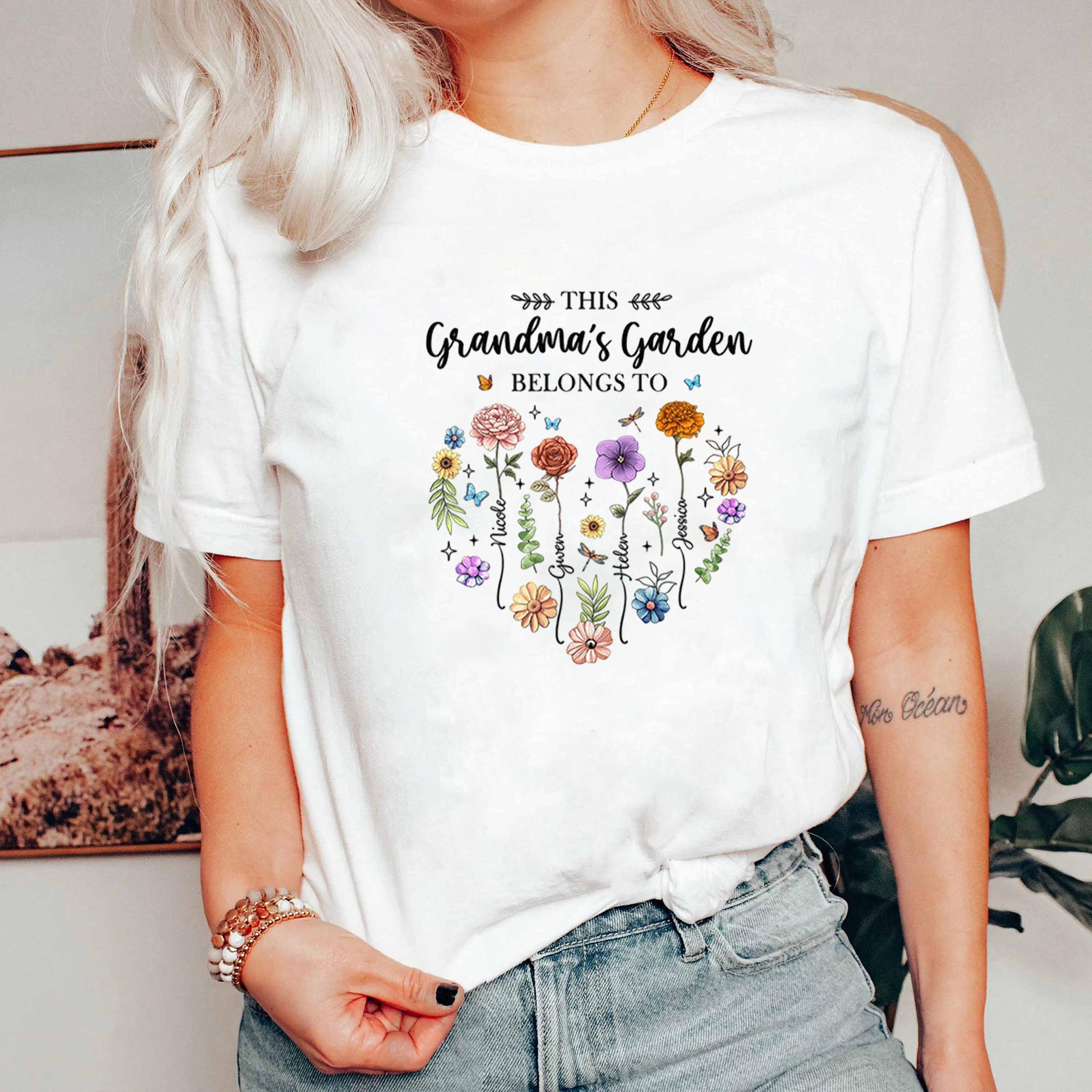 Grandma’s Garden Shirt, Personalized Family Flower Tee, Cute Butterfly Floral Graphic T-Shirt, Gift For Grandma Mother’s Day