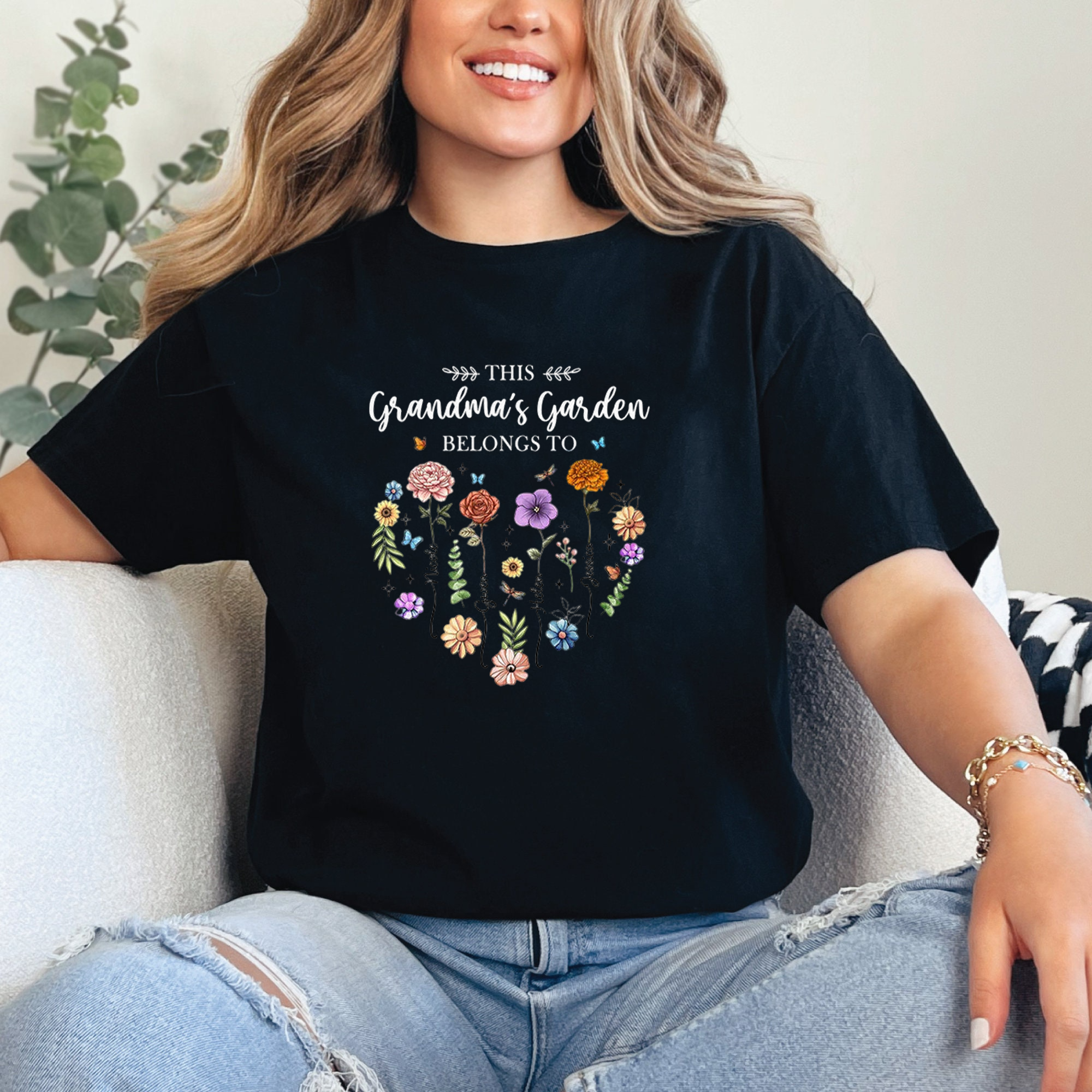 Grandma’s Garden Shirt, Personalized Family Flower Tee, Cute Butterfly Floral Graphic T-Shirt, Gift For Grandma Mother’s Day