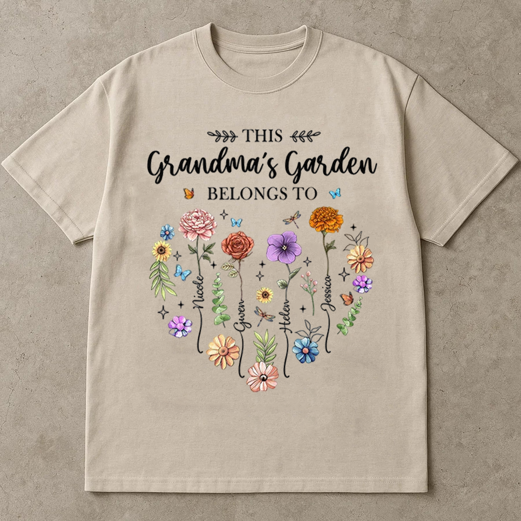 Grandma’s Garden Shirt, Personalized Family Flower Tee, Cute Butterfly Floral Graphic T-Shirt, Gift For Grandma Mother’s Day