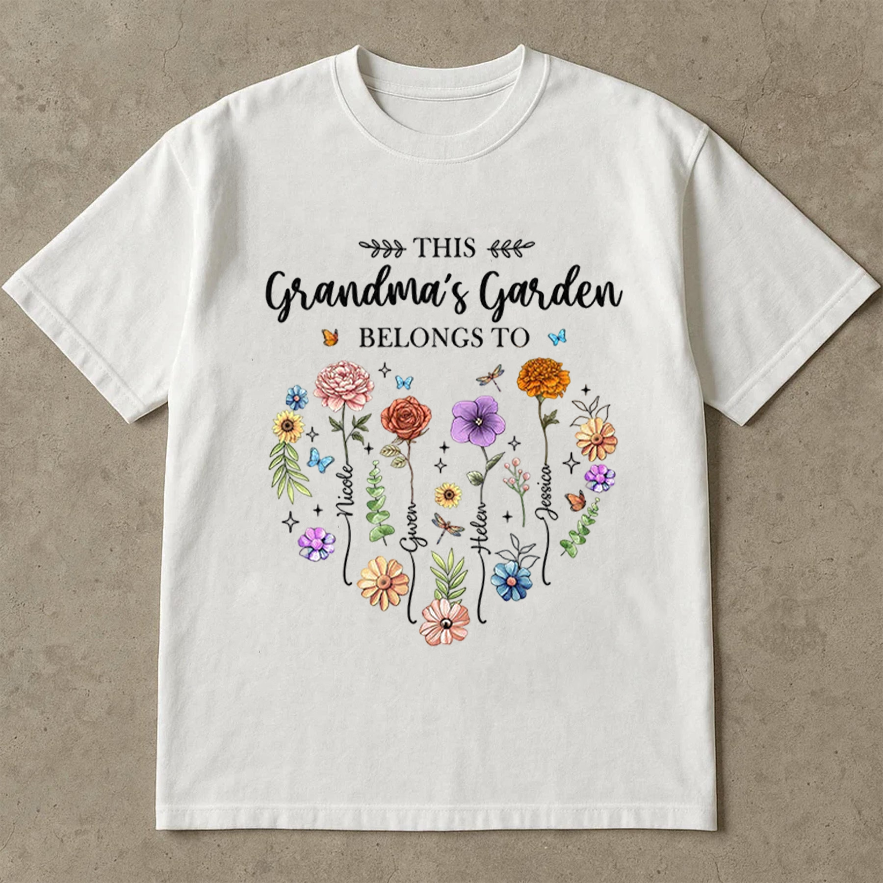 Grandma’s Garden Shirt, Personalized Family Flower Tee, Cute Butterfly Floral Graphic T-Shirt, Gift For Grandma Mother’s Day