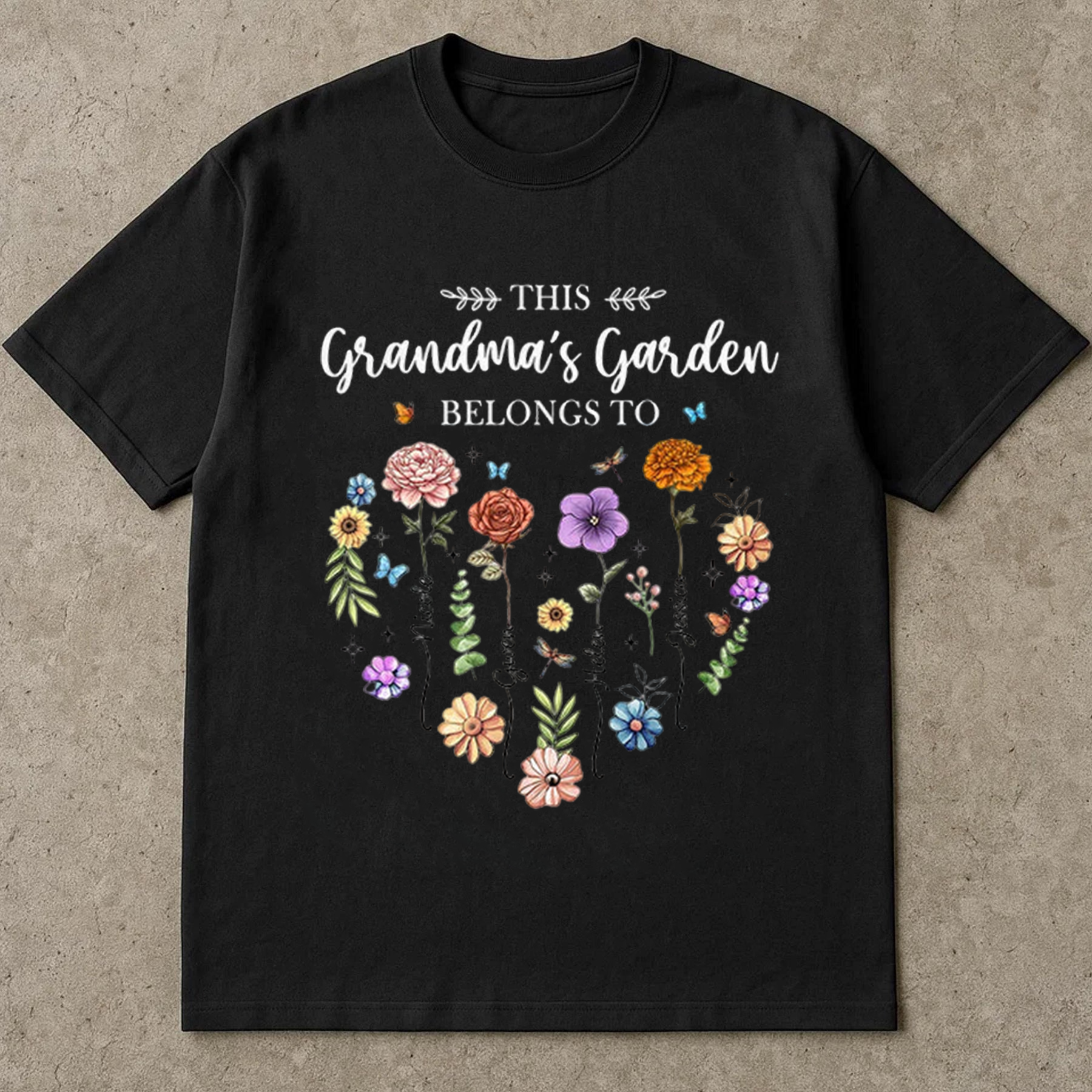 Grandma’s Garden Shirt, Personalized Family Flower Tee, Cute Butterfly Floral Graphic T-Shirt, Gift For Grandma Mother’s Day