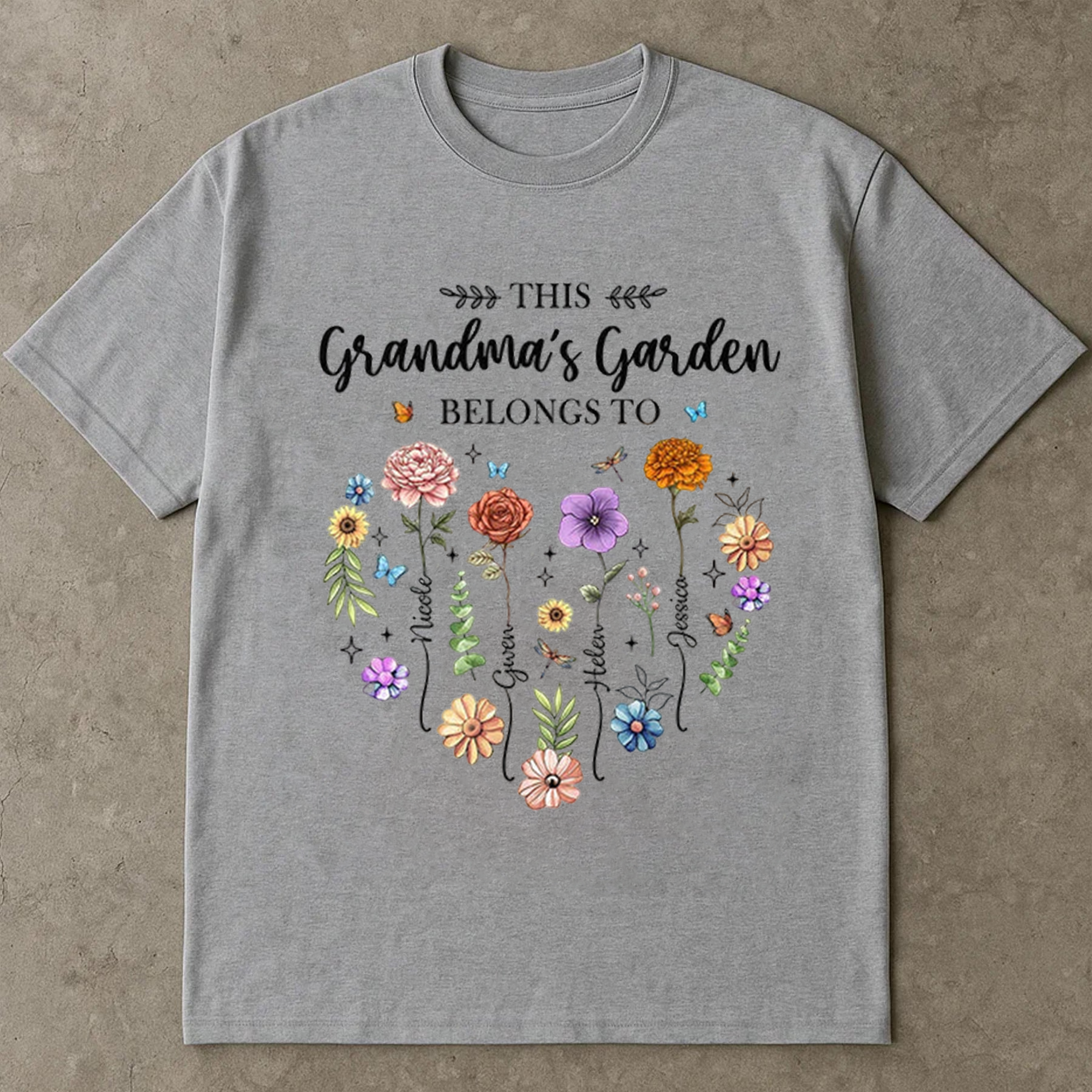 Grandma’s Garden Shirt, Personalized Family Flower Tee, Cute Butterfly Floral Graphic T-Shirt, Gift For Grandma Mother’s Day