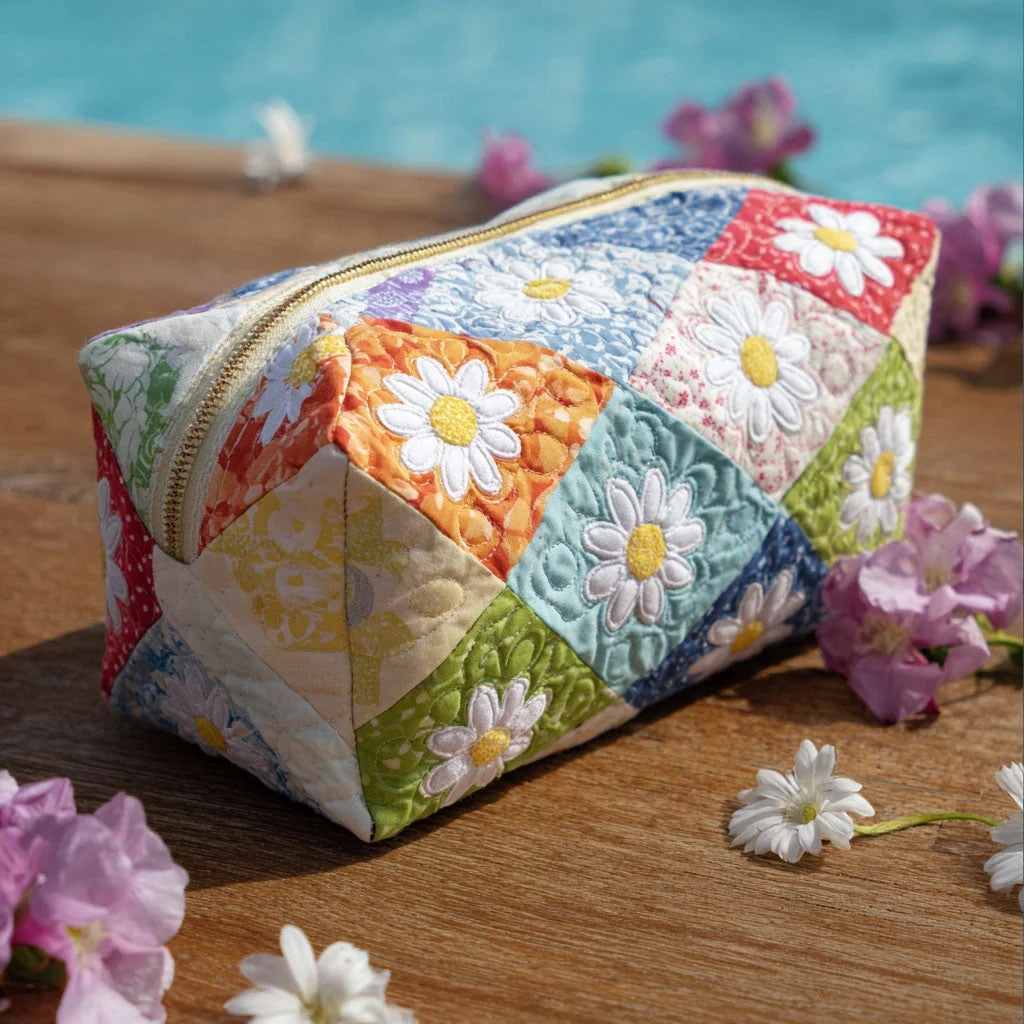 Quilted Daisy Patchwork Makeup Bag, Colorful Floral Cosmetic Bag, Cottagecore Travel Toiletry Pouch, Patchwork Zipper Organizer, Gift for Women – QMBPETAL56