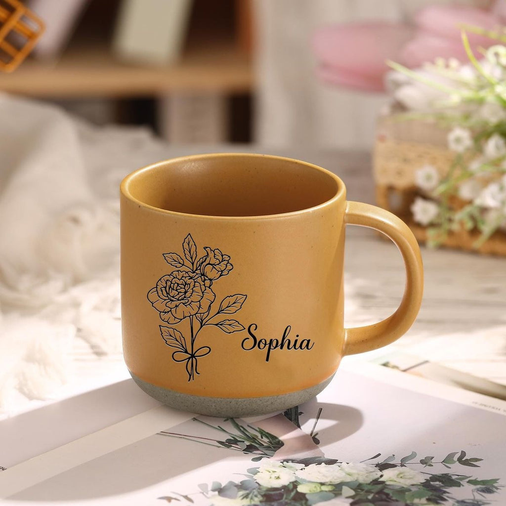 Custom Pottery Mug Birth Flower Mug, Personalized Mug for Mom Family Gift, Gift for Dad Mug Engraved Gift Christmas Gifts Ideas, Gift for Her ZT