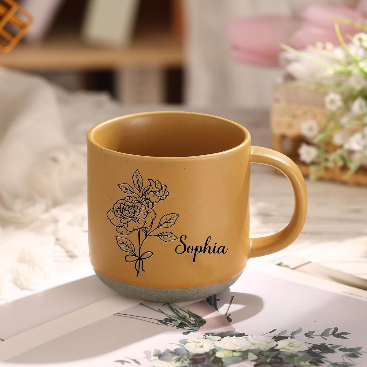 Custom Pottery Mug Birth Flower Mug, Personalized Mug for Mom Family Gift, Gift for Dad Mug Engraved Gift Christmas Gifts Ideas, Gift for Her ZT