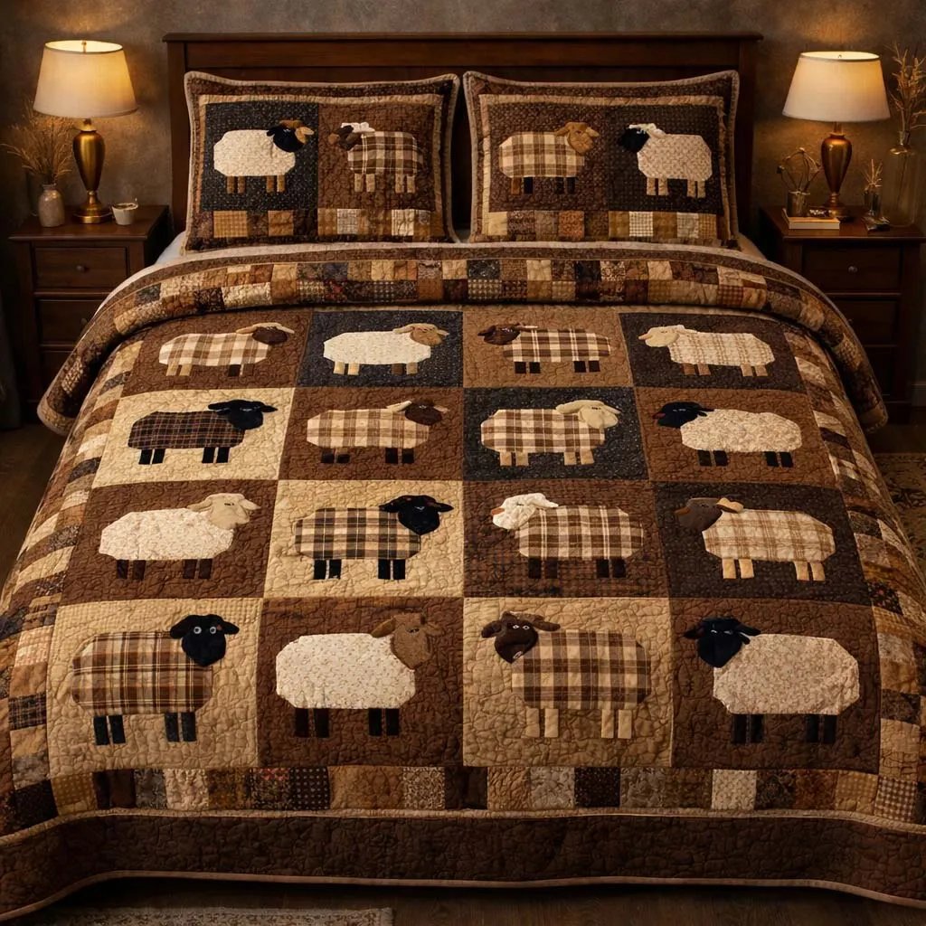 Sheep Farm Quilted Bedding Set, Sheep Patchwork Bedspread with Pillowcases, Festive Winter Bedroom Decor, Bedding Decor PTBED44