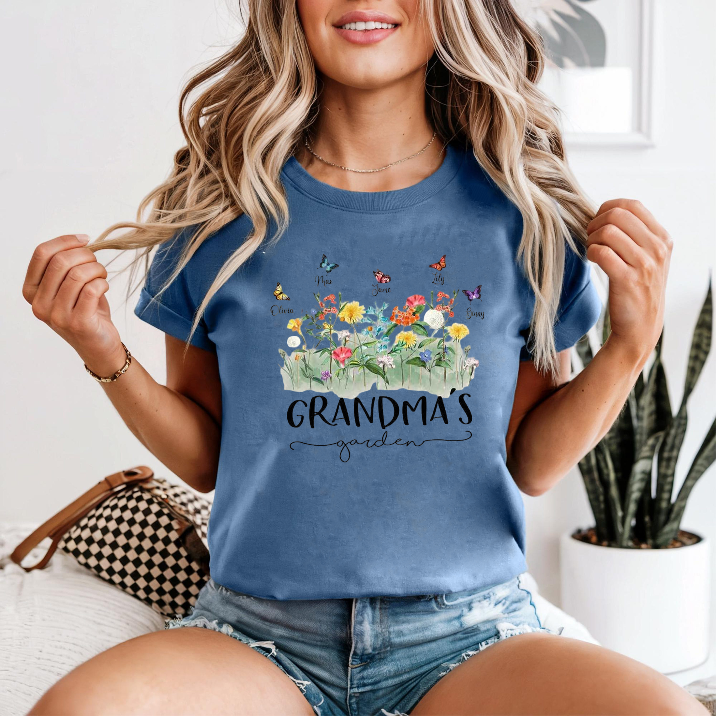 Grandma’s Garden Shirt, Watercolor Floral Butterfly Tee, Grandmother Gift Graphic T-Shirt, Cute Family Garden Flowers Top