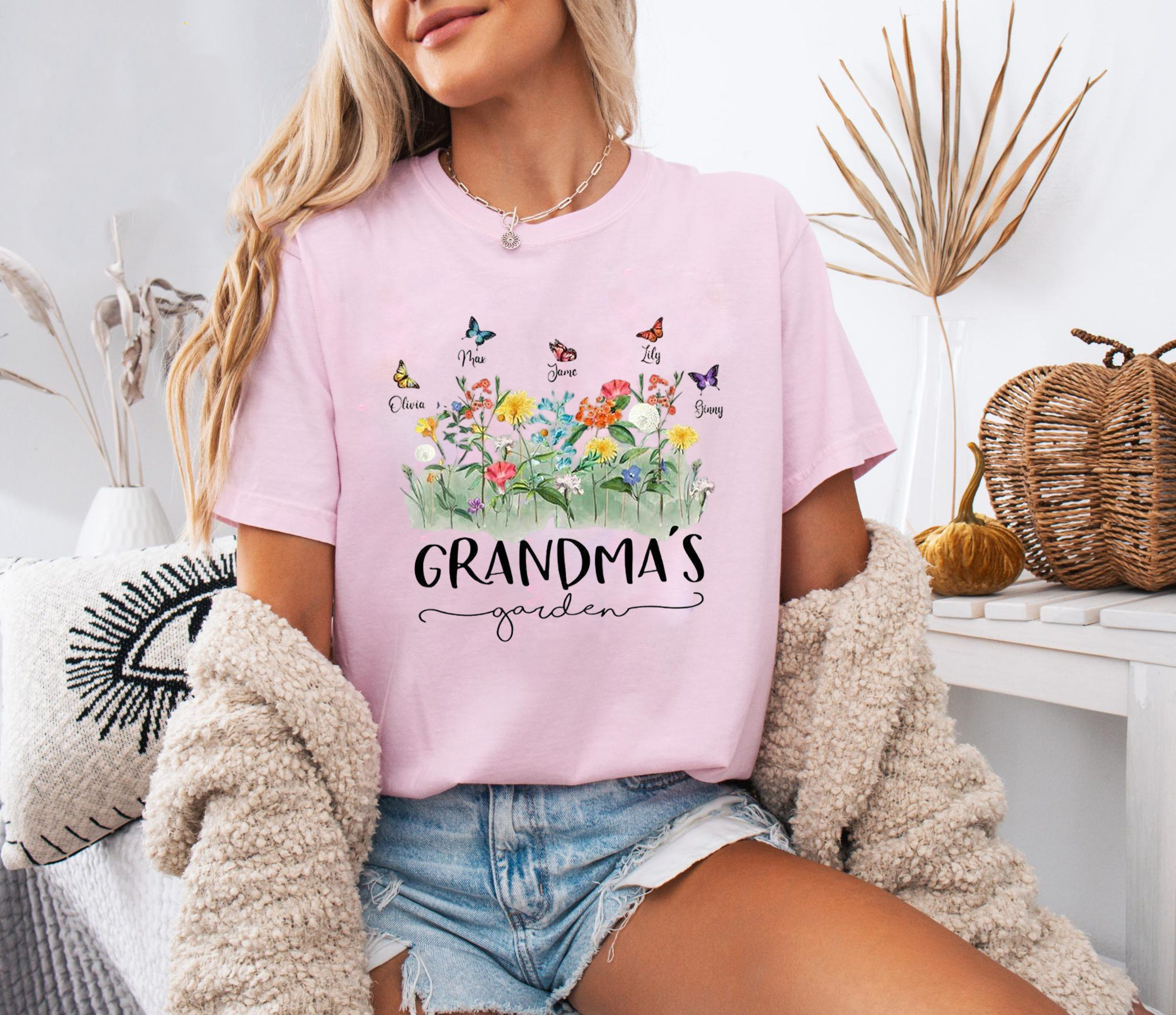 Grandma’s Garden Shirt, Watercolor Floral Butterfly Tee, Grandmother Gift Graphic T-Shirt, Cute Family Garden Flowers Top