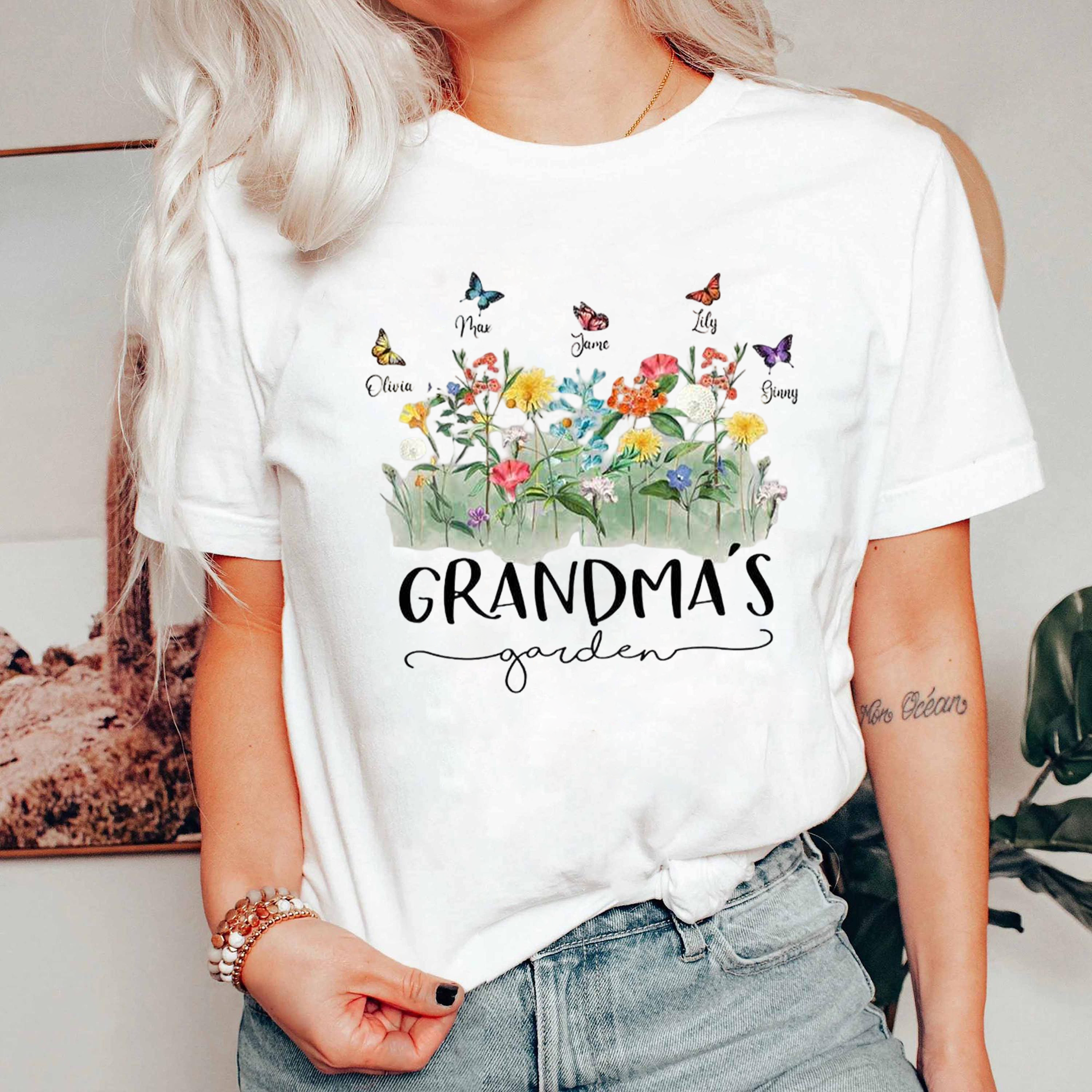 Grandma’s Garden Shirt, Watercolor Floral Butterfly Tee, Grandmother Gift Graphic T-Shirt, Cute Family Garden Flowers Top