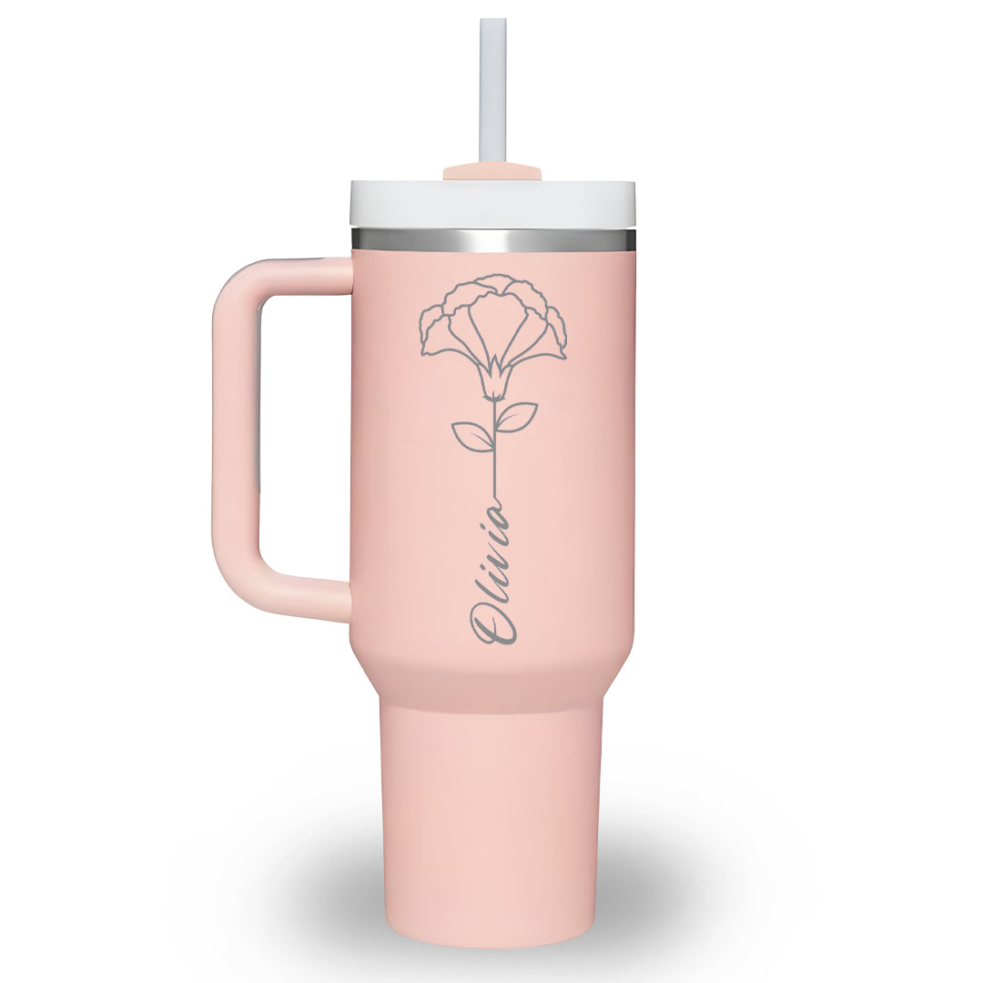 Personalized 40oz Tumbler with Handle, Birth Flower Custom Name Cup, Gift for Teen, Best Friend, Sister, Birthday Gift