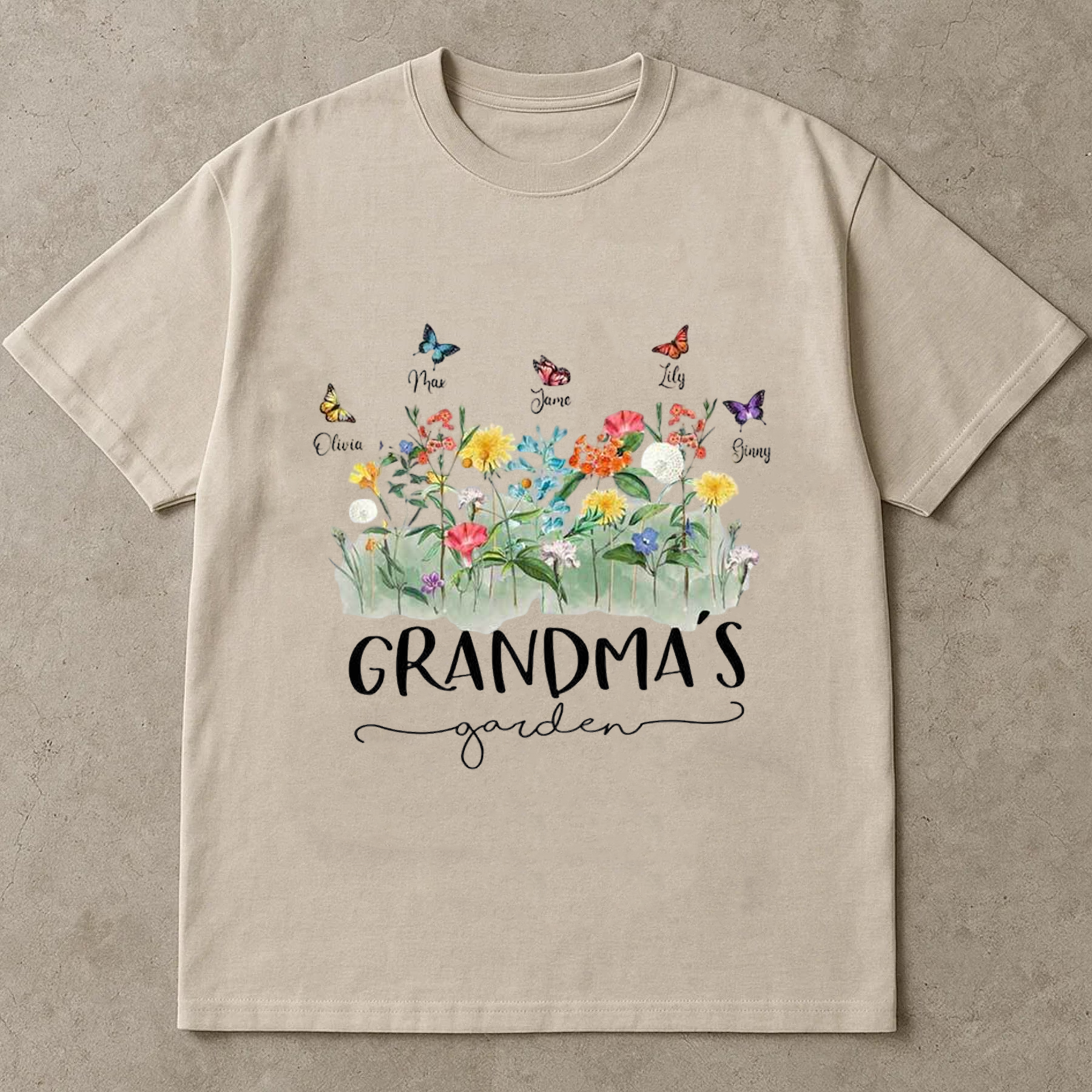 Grandma’s Garden Shirt, Watercolor Floral Butterfly Tee, Grandmother Gift Graphic T-Shirt, Cute Family Garden Flowers Top