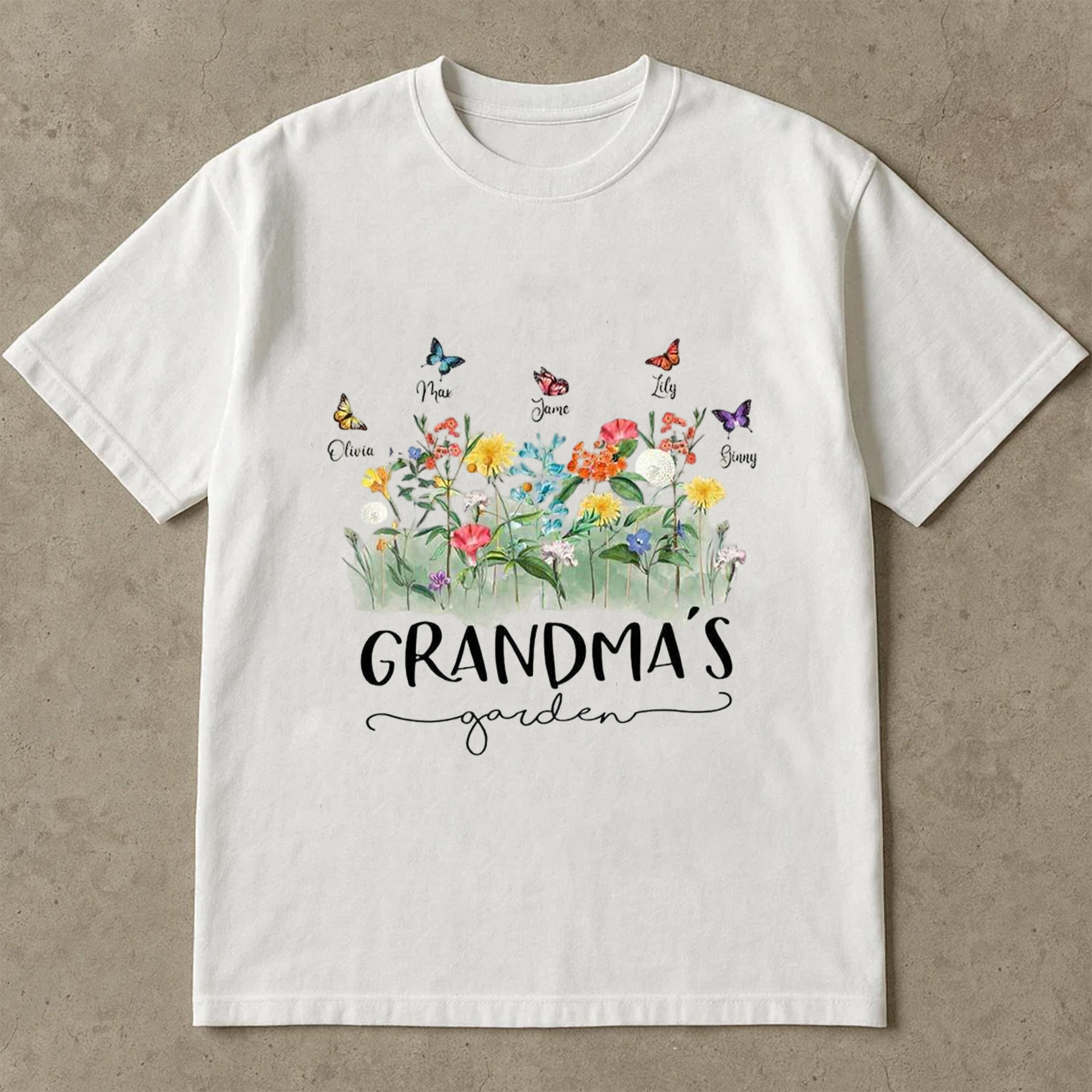 Grandma’s Garden Shirt, Watercolor Floral Butterfly Tee, Grandmother Gift Graphic T-Shirt, Cute Family Garden Flowers Top