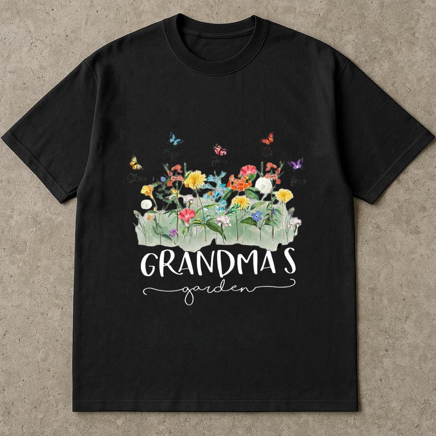 Grandma’s Garden Shirt, Watercolor Floral Butterfly Tee, Grandmother Gift Graphic T-Shirt, Cute Family Garden Flowers Top