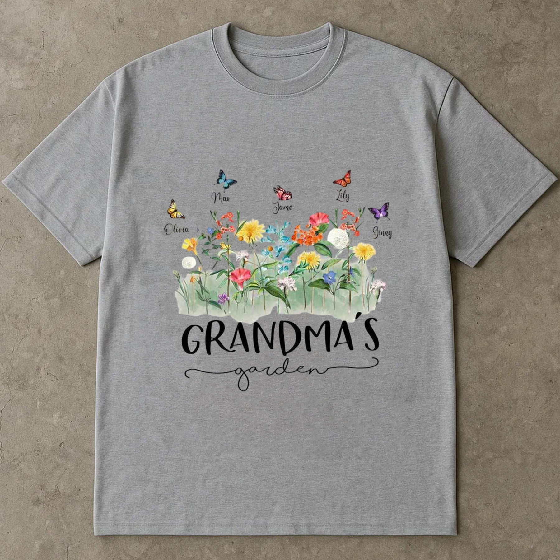 Grandma’s Garden Shirt, Watercolor Floral Butterfly Tee, Grandmother Gift Graphic T-Shirt, Cute Family Garden Flowers Top