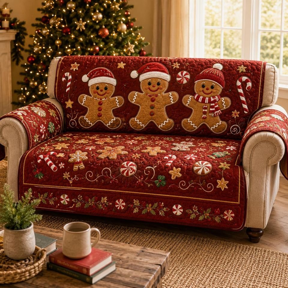 Personalized Gingerbread Christmas Quilted Sofa Cover, Christmas Pattern Sofa Cover, Patchwork Couch Throw, Sofa Protector, Holiday Sofa Decor QUILTSOFA47