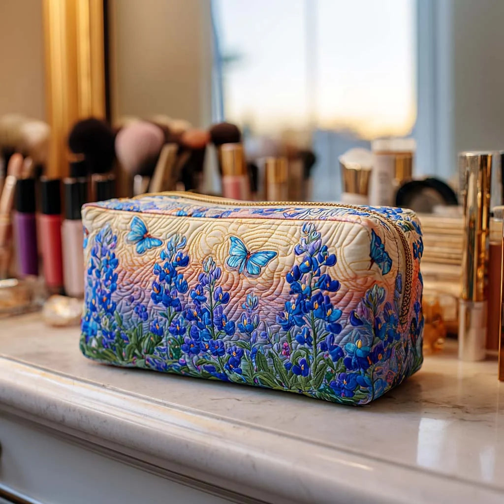 Quilted Bluebonnet Butterfly Makeup Bag, Wildflower Cosmetic Bag, Blue Floral Travel Toiletry Pouch, Nature-Inspired Zipper Organizer, Gift for Women – QMBPETAL57