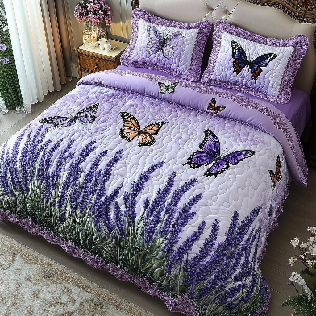 Purple Butterfly Lavender Quilted Bedding Set, Floral Patchwork Bedspread with Pillowcases, Festive Winter Bedroom Decor, Bedding Decor PTBED43