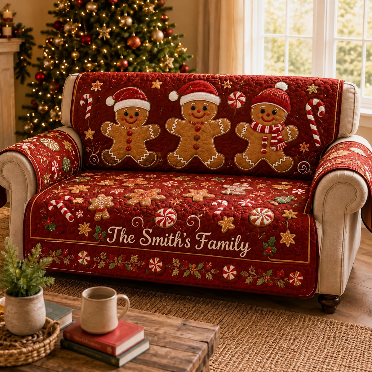 Personalized Gingerbread Christmas Quilted Sofa Cover, Christmas Pattern Sofa Cover, Patchwork Couch Throw, Sofa Protector, Holiday Sofa Decor QUILTSOFA47
