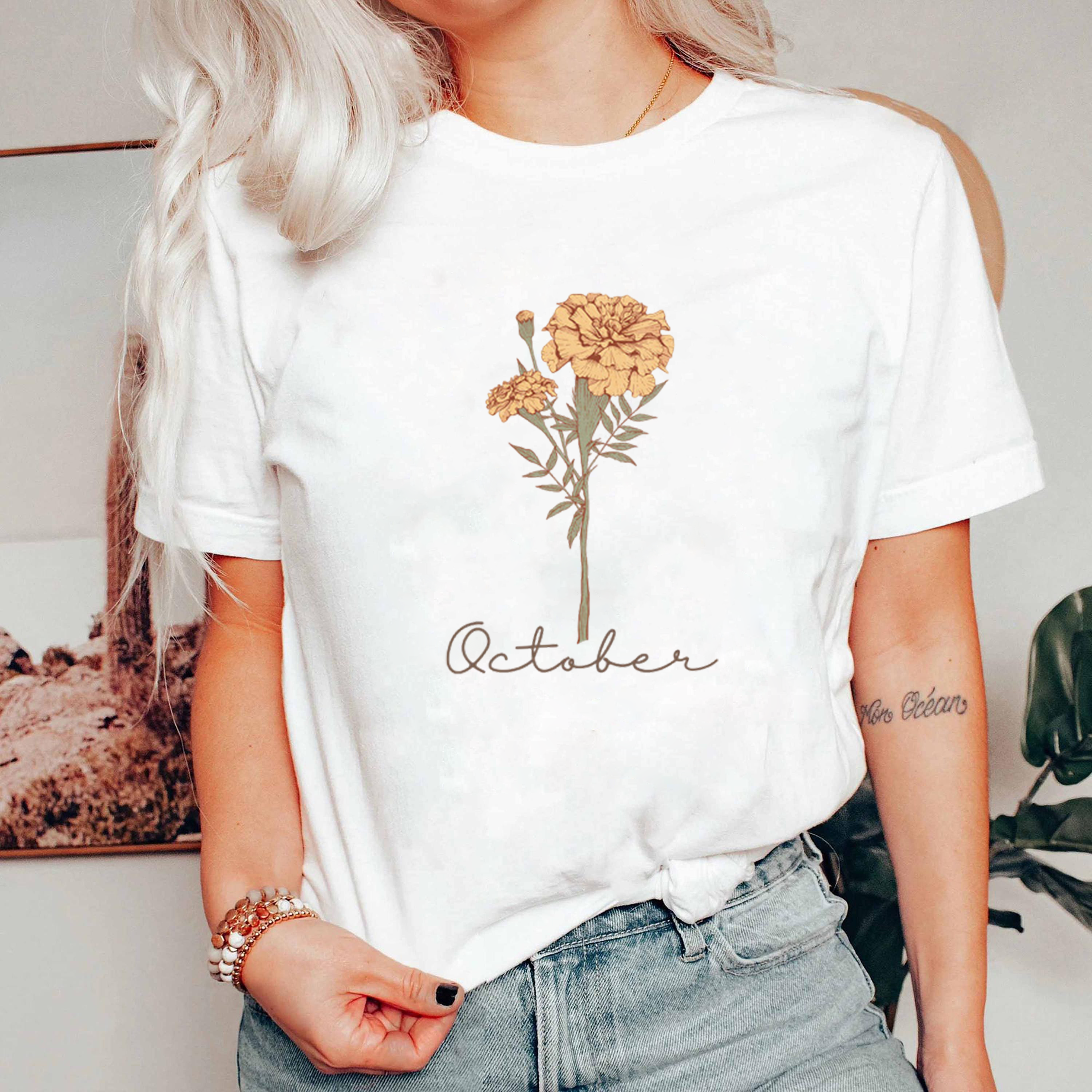 October Birth Flower Shirt, Marigold Graphic Tee, October Birthday T-Shirt, Fall Floral Aesthetic Top, Gift For Her