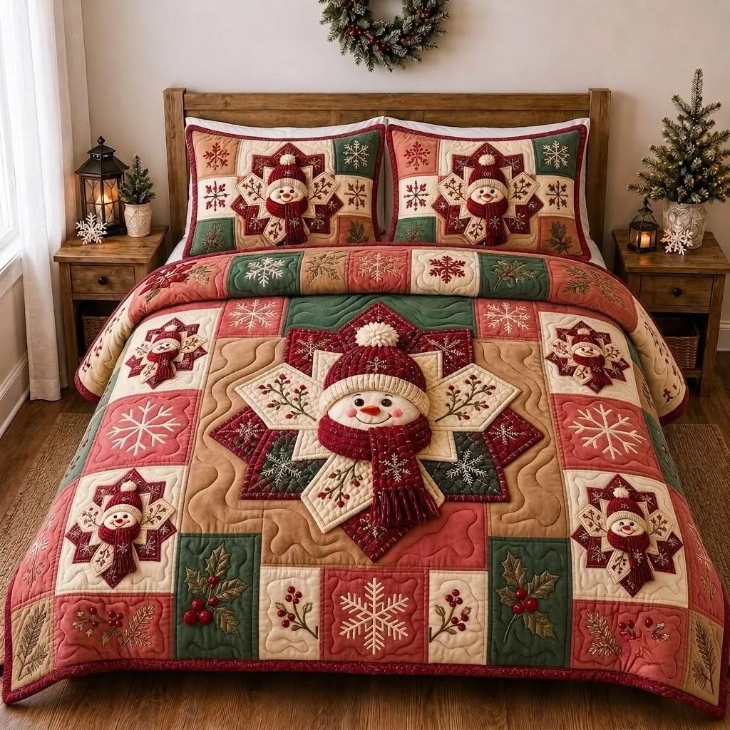 Christmas Snowman Quilted Bedding Set, Snowman Patchwork Bedspread with Pillowcases, Festive Winter Bedroom Decor, Bedding Decor PTBED42