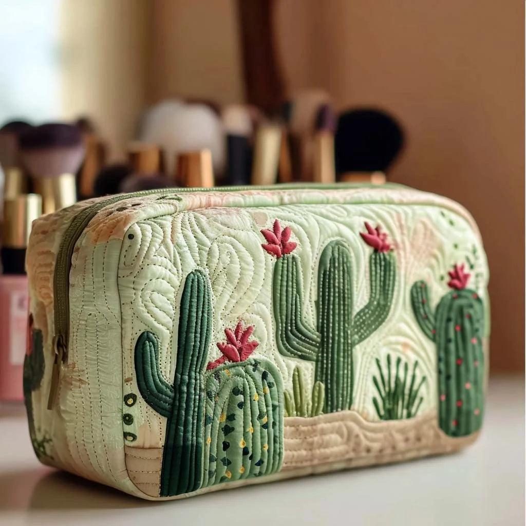 Quilted Cactus Makeup Bag, Desert Succulent Cosmetic Bag, Southwestern Travel Toiletry Pouch, Embroidered Zipper Organizer, Boho Gift for Women – QMBPETAL58