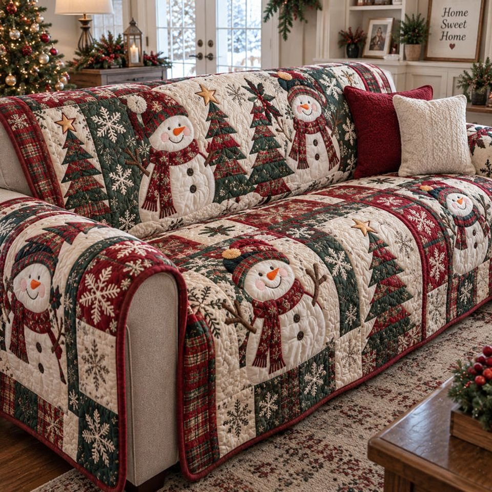 Personalized Snowman Christmas Quilted Sofa Cover, Snowman Christmas Pattern Sofa Cover, Patchwork Couch Throw, Sofa Protector, Holiday Sofa Decor QUILTSOFA48
