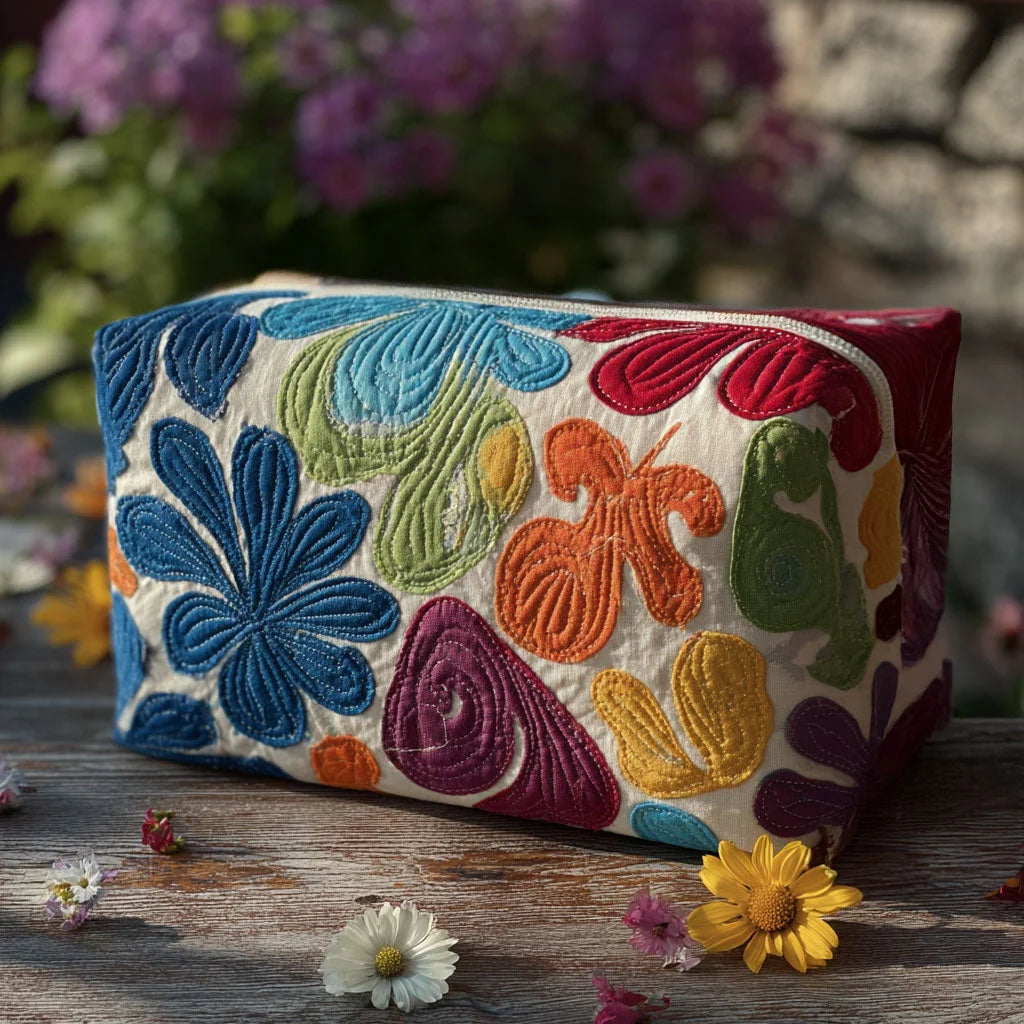 Quilted Abstract Floral Makeup Bag, Colorful Boho Cosmetic Bag, Modern Embroidered Travel Toiletry Pouch, Artistic Zipper Organizer, Unique Gift for Women – QMBPETAL59