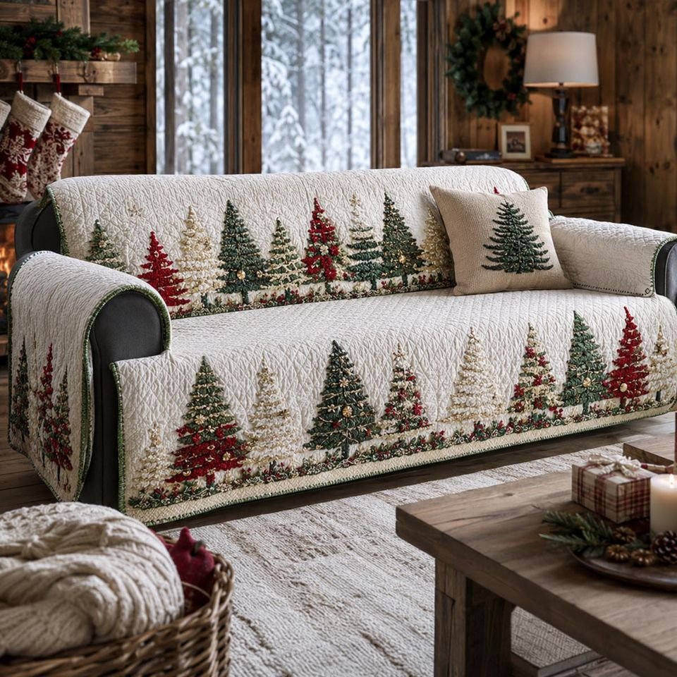 Personalized Pine Tree Christmas Quilted Sofa Cover, Christmas Pattern Sofa Cover, Patchwork Couch Throw, Sofa Protector, Holiday Sofa Decor QUILTSOFA49