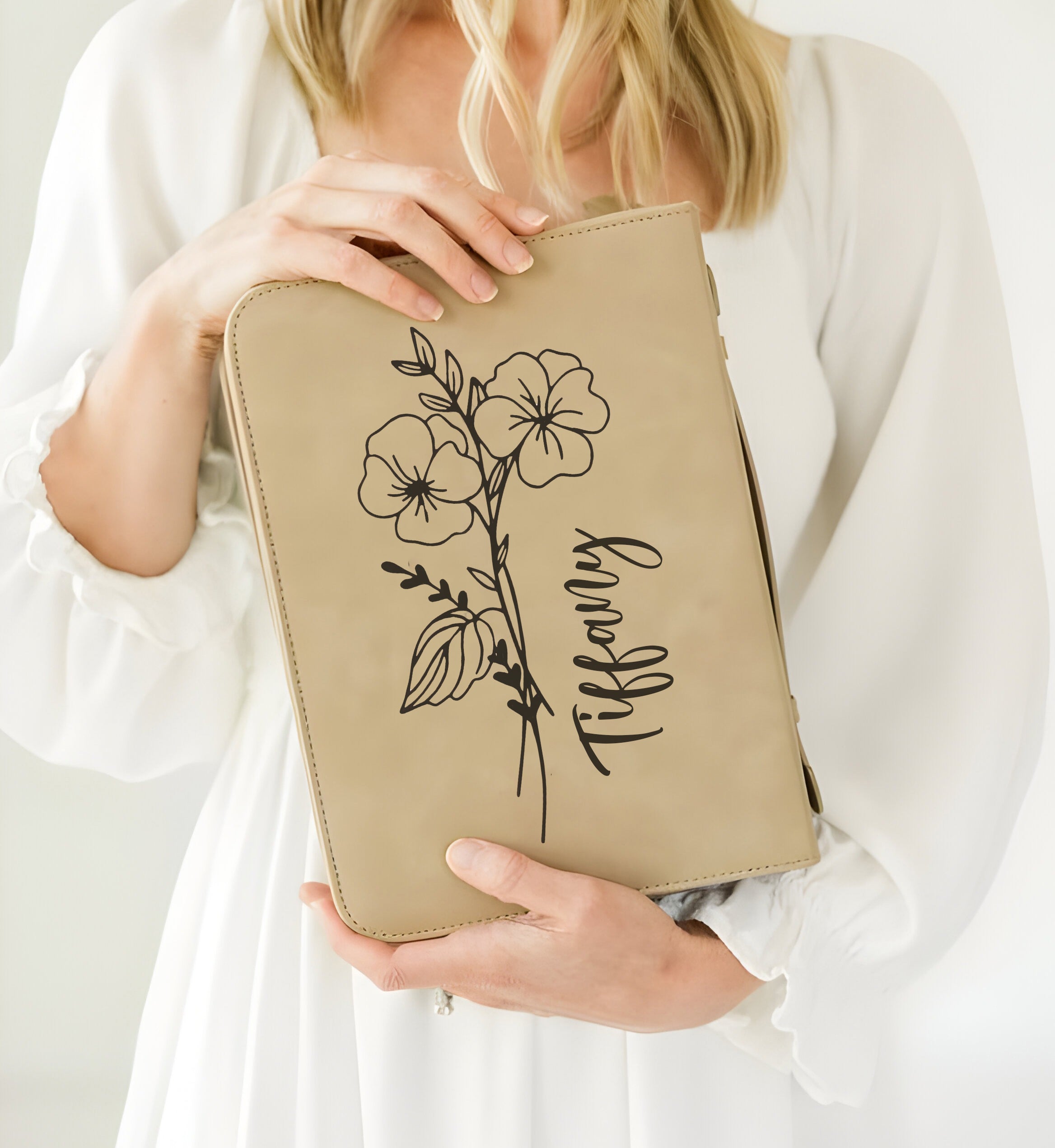 Personalized Bible Cover with Birth Flower, Custom Name Leather Scripture Case, Christian Gift for Women, Floral Bible Protector